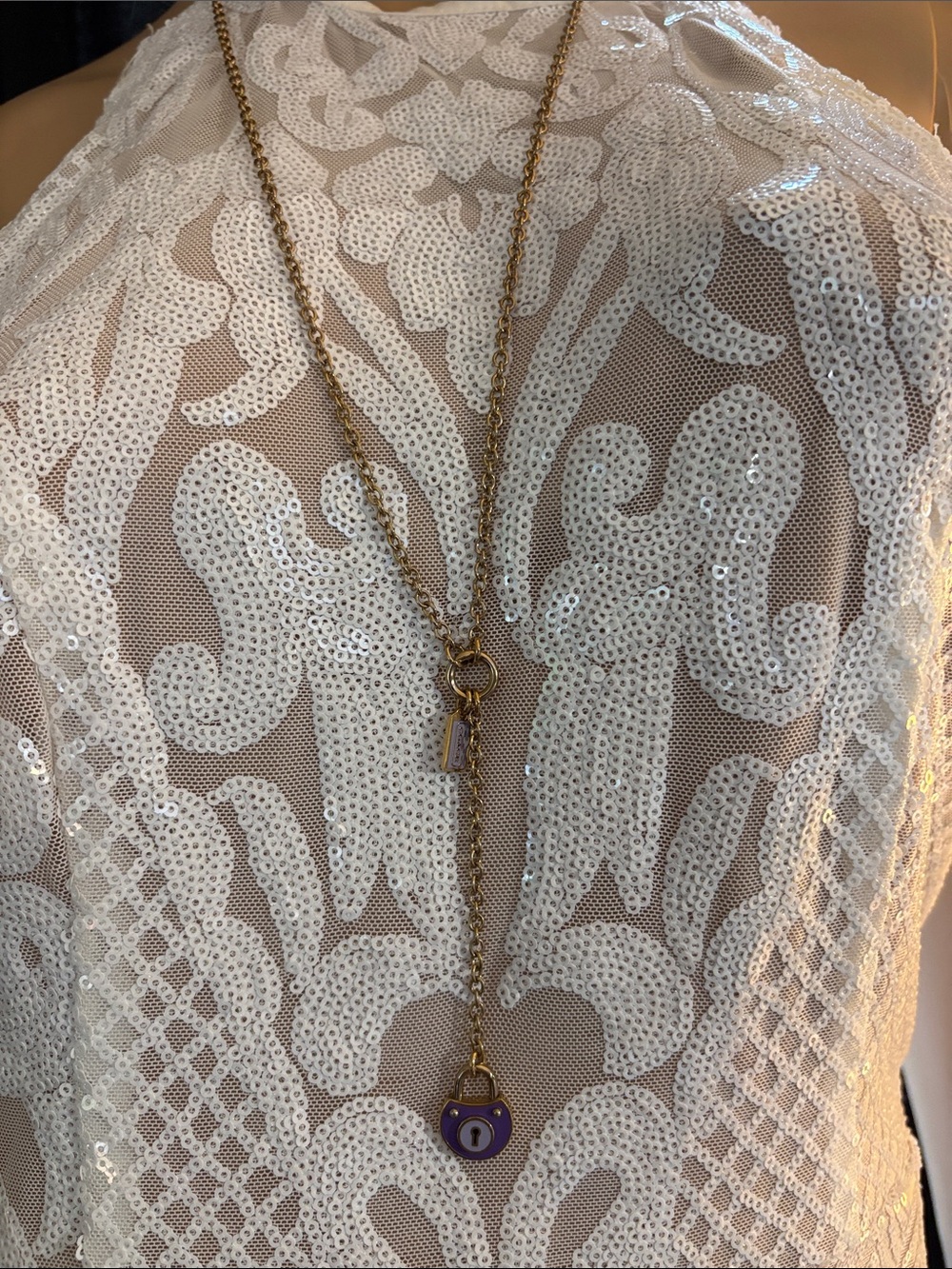 Coach Long Lariat Necklace with Purple Lock Pendant